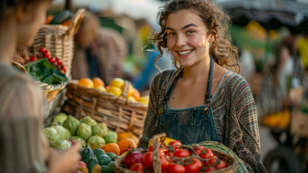 The seller, smiling at customers, sells organic products. A scene at a picturesque rural farmer's market.