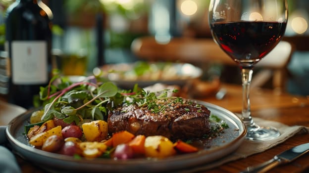 A dish with a glass of red wine, including steak, roasted vegetables and a salad with a side dish, served on an elegant dining table.
