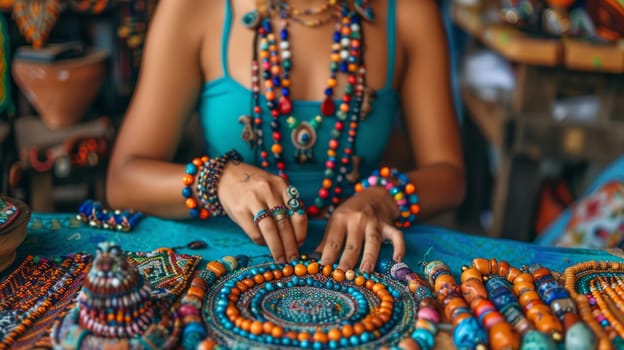 A jewelry seller in a blue rlatje shows the buyer handmade products. Surrounded by bright and colorful objects