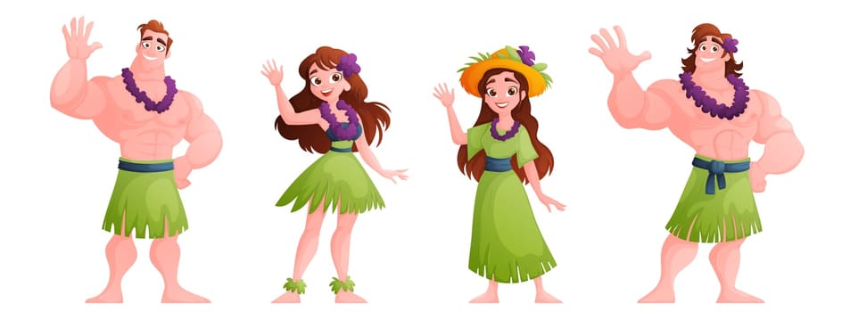 Hawaiian Characters in Traditional Attire Waving