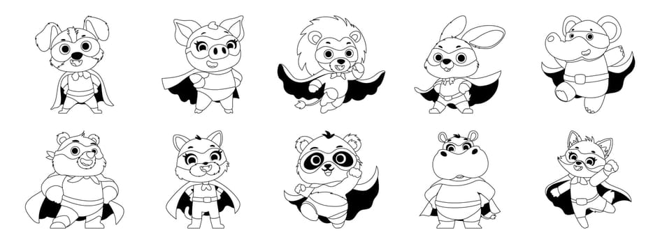 Black and white coloring page featuring adorable animal superheroes wearing capes and masks, perfect for kids' activities. Cute Animal Superheroes Coloring Page