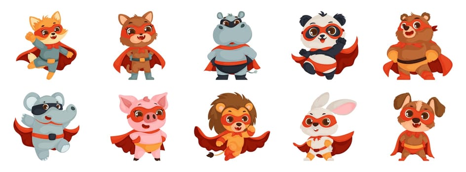 Adorable Superhero Animal Characters. Set of cute superhero animal characters in colorful costumes, perfect for kids' illustrations or animated projects.
