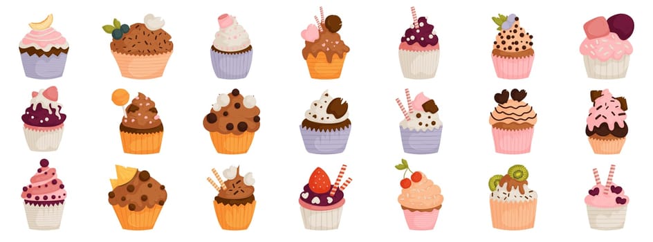 Collection of assorted cupcakes with colorful toppings, ideal for dessert menus, bakeries, and food illustrations. Assorted Decorative Cupcakes with Colorful Toppings