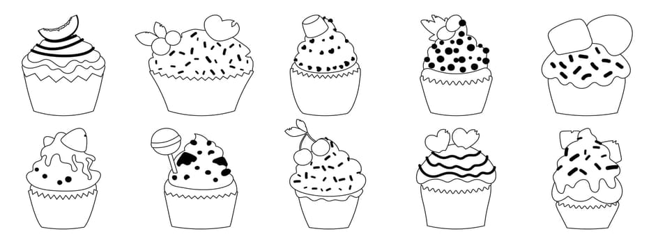 Black and white coloring page featuring various cupcakes with different toppings, perfect for children's creative activities. Cupcake Coloring Page with Toppings