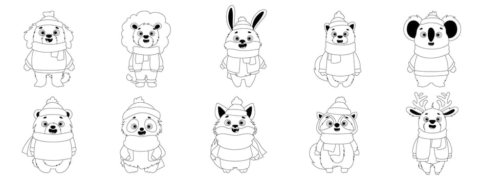 Black and white coloring page of cute animals in winter clothing, featuring scarves and hats, ideal for children's activities. Adorable Winter Animal Coloring Page