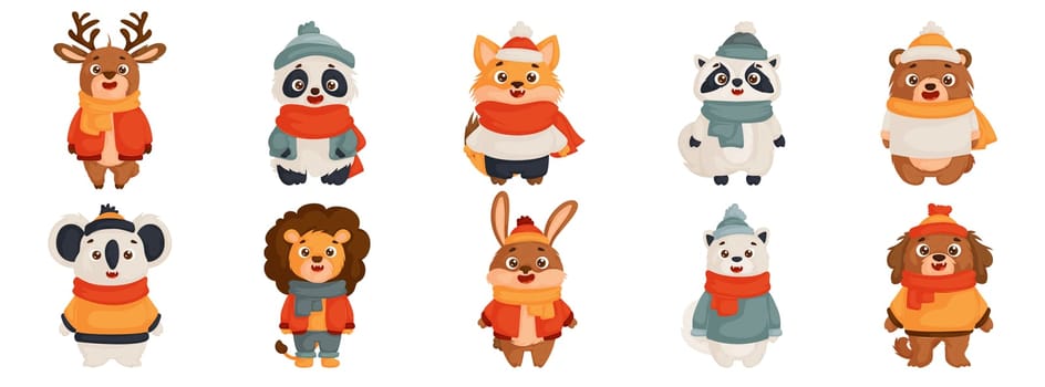 Collection of adorable winter animal characters wearing cozy outfits, perfect for holiday cards or children's illustrations. Winter Animal Characters in Cozy Outfits