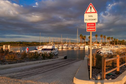 a view of marina at sunset