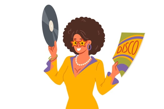 Disco woman holds vinyl record and invites you to retro holiday party with opportunity to dance and have fun. Girl in disco outfit enjoys listening to songs from authors from last century