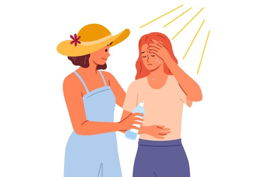 Woman who suffered sunstroke in hot weather stands near friend with bottle of water in hands. Sunstroke caused dizziness and disorientation in girl accustomed to cold climate and low temperatures
