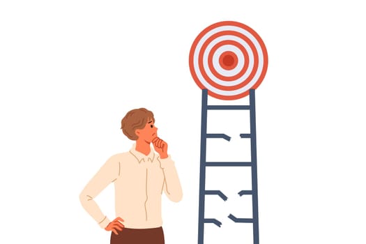 Problem on way to achieving goal for business man, thoughtfully examining broken ladder with target. Manager learns about difficulty on path to goal and scratches chin while thinking about plan