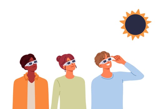 People view solar eclipse using disposable glasses to observe rare astronomical phenomenon. Happy children laugh and rush to school to be on time for start of lessons on first of september
