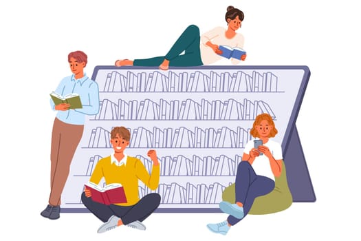 Students visiting electronic library read books using mobile gadgets and apps with digital literature. Guys and girls with books gain knowledge or prepare for exam using textbooks or encyclopedias