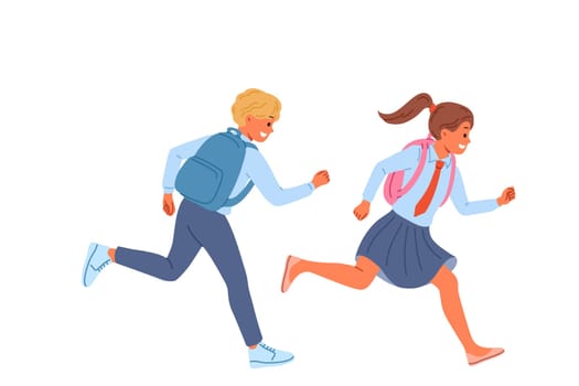 Little school children with backpacks run away from classes, not wanting to study and receive education. Happy kids laugh and rush to school to be on time for start of lessons on first of september