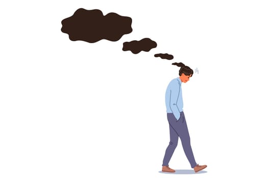Troubled man feels stressed due to haunting memories of mistakes and business failures. Troubled guy needs psychotherapy to treat melancholy and apathy caused by bad experiences in past