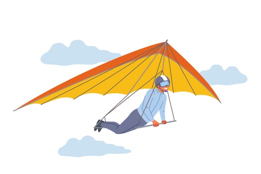 Business man flies on hang glider in search of new opportunities for developing company and increasing sales profits. Guy uses hang glider enjoying opportunity to look at earth from bird eye view