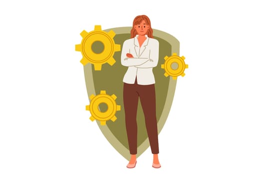 Woman cyber security engineer recommends antivirus for data protection, stands near shield and gears. System administrator reminds you of importance of cyber security and restricting access to data