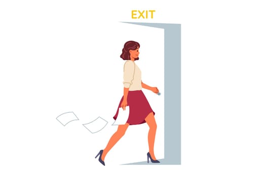 Resigned businesswoman walks out open door, refusing to work under unfavorable conditions. Resigned lady drops job contract when leaving office, wanting to create own successful startup