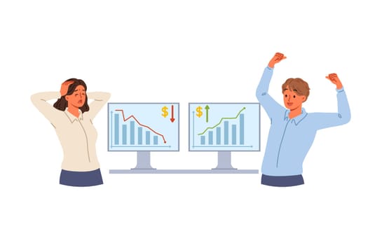 Employees stock exchange experience strong emotions when they lose and gain profits from investments. Man and woman work as traders in field of investments and see falling or rising charts on monitors