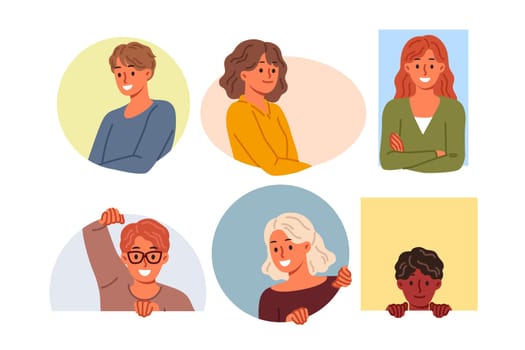 Happy people smile looking out from multi-colored geometric shapes, radiating positive mood and joyful emotions. Cheerful people of different races and ages look at screen with curiosity