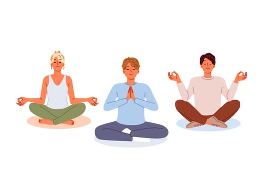 Group of people meditate sitting in lotus position, visiting yoga studio or learning buddhist practices. Woman and two men are marking to achieve harmony between soul and body or achieve zen.