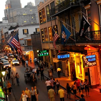 Nightlife on Bourbon Street in the French Quarter of New Orleans in Louisiana, United States of America.
