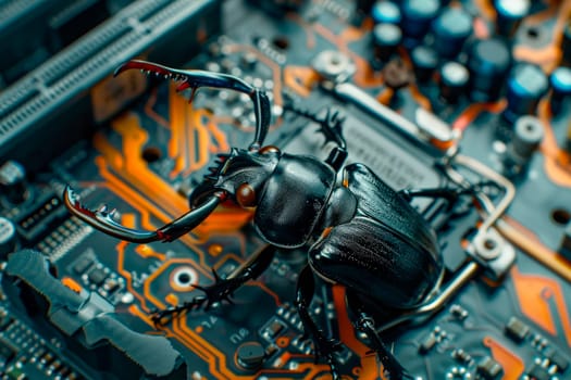 A stag beetle sitting on computer motherboard, computer hardware attack concept, computer virus concept. AI generated