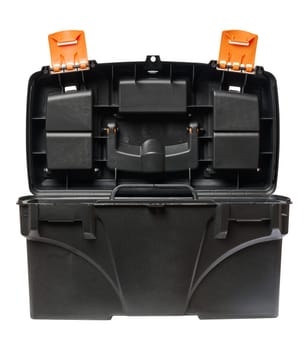 Opened plastic tool box on isolated background