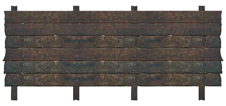 Fence made of brown old wooden planks on isolated background