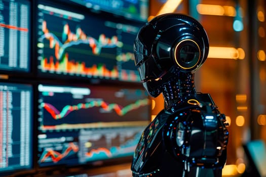A robot standing and analyzing a business trading chart, symbolizing the integration and use of artificial intelligence for stock market analysis. AI generated