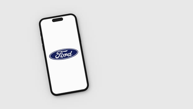 Ford Motor Company Logo on Mobile Phone Screen on Flat Light Gray Background with Copy Space 3D Render Illustration, Top View