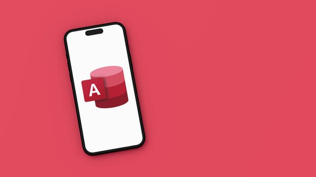 Microsoft Access Logo on Mobile Phone Screen on Flat Red Background with Copy Space 3D Render Illustration, Top View