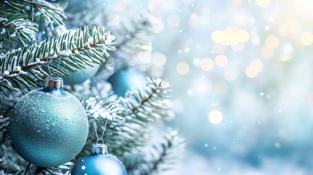Blue christmas baubles on a fir branch, bokeh fairy light, banner, background or greeting card, winter season