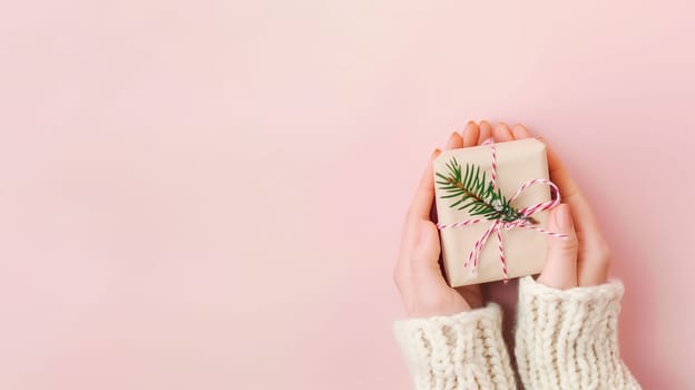 Christmas holiday holding a little gift box with ribbon and fir branch, greeting card, pink pastel background
