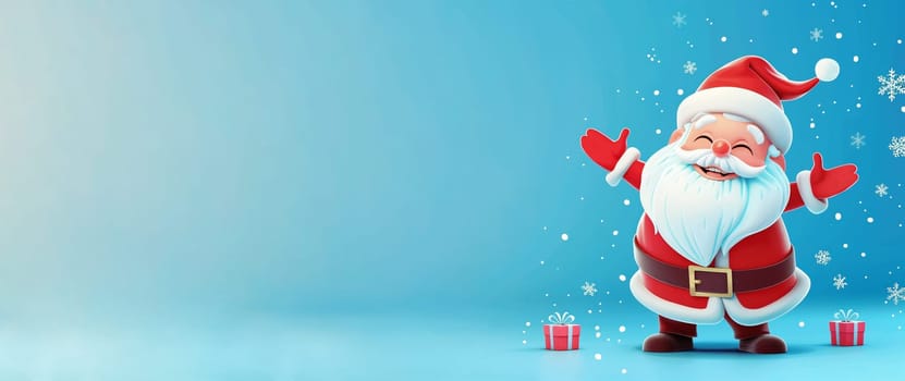 Happy smiling Santa Claus cartoon with snowflakes and gift box, winter holiday season, christmas greeting card, blue background