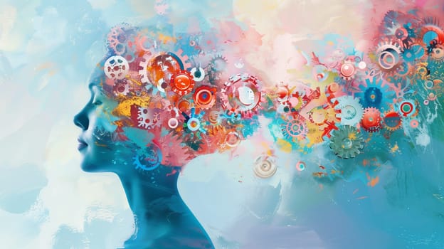 Cogwheels brain, brainstorming and creativity concept, gear wheels rotation in artificial intelligence, engineering mind