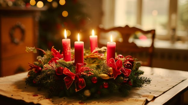 Red candles on a advent wreath with fir, christmas decoration with candlelight, winter holiday greeting card