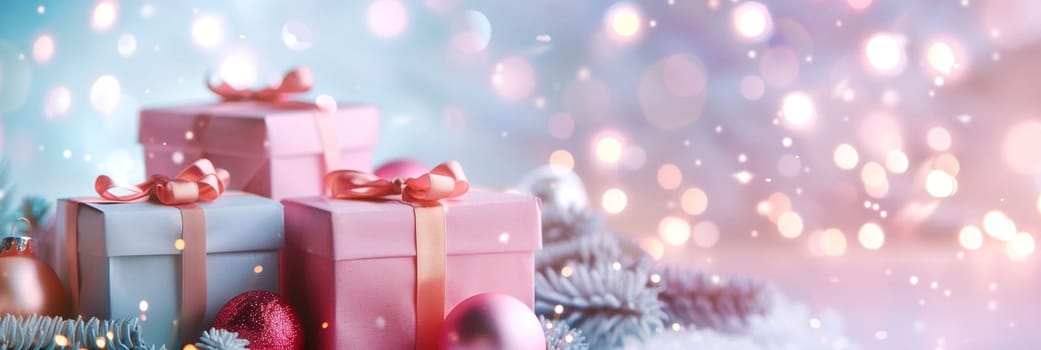 Christmas holiday gift box for suprise, fir branch and baubles, bokeh fairy light, winter season