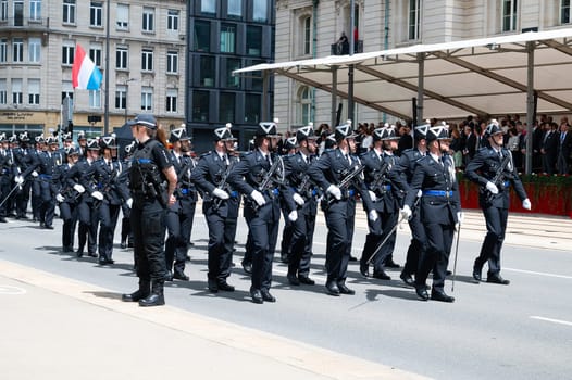 National Day Luxembourg, celebration of the Grand Duke´s birthday, military parade with luxembourgish army, police, fire department, rescue service and armed forced, Luxembourg city, 23.06.2024