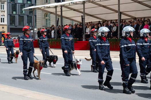 National Day Luxembourg, celebration of the Grand Duke´s birthday, military parade with luxembourgish army, police, fire department, rescue service and armed forced, Luxembourg city, 23.06.2024