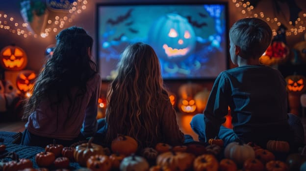 Children sitting in front of a screen watching a Halloween movie surrounded by spooky landscapes