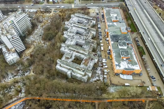 Top view of the city of Moscow, buildings and roads and other infrastructure of the city. Cityscape view from above.