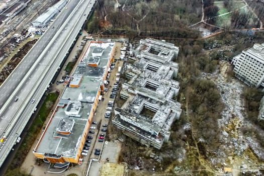 Top view of the city of Moscow, buildings and roads and other infrastructure of the city. Cityscape view from above.