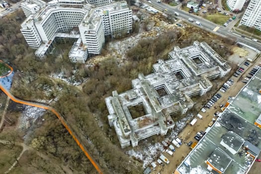 Top view of the city of Moscow, buildings and roads and other infrastructure of the city. Cityscape view from above.