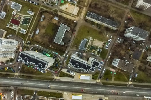Top view of the city of Moscow, buildings and roads and other infrastructure of the city. Cityscape view from above.
