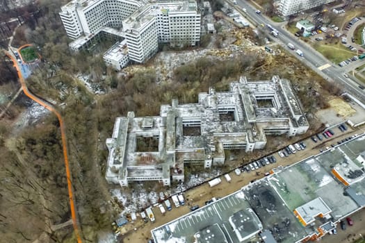 Top view of the city of Moscow, buildings and roads and other infrastructure of the city. Cityscape view from above.