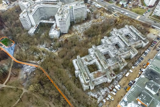 Top view of the city of Moscow, buildings and roads and other infrastructure of the city. Cityscape view from above.