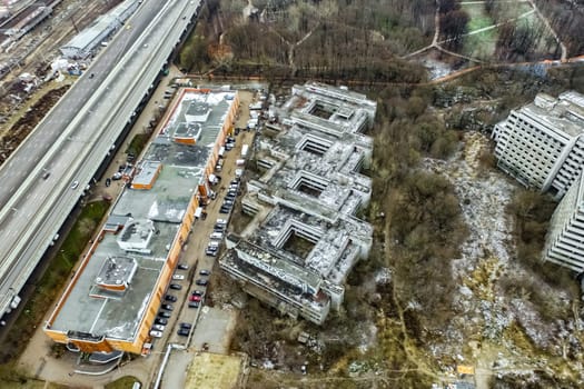 Top view of the city of Moscow, buildings and roads and other infrastructure of the city. Cityscape view from above.