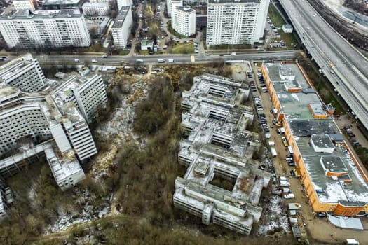 Top view of the city of Moscow, buildings and roads and other infrastructure of the city. Cityscape view from above.