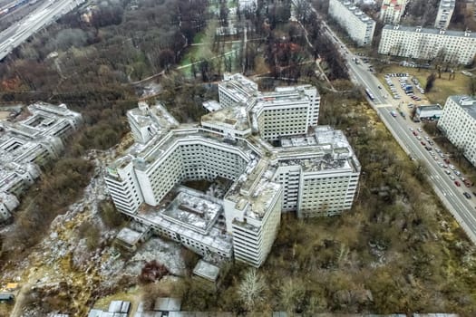 Top view of the city of Moscow, buildings and roads and other infrastructure of the city. Cityscape view from above.