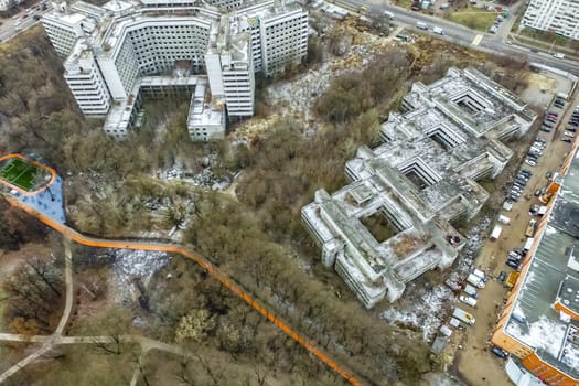 Top view of the city of Moscow, buildings and roads and other infrastructure of the city. Cityscape view from above.